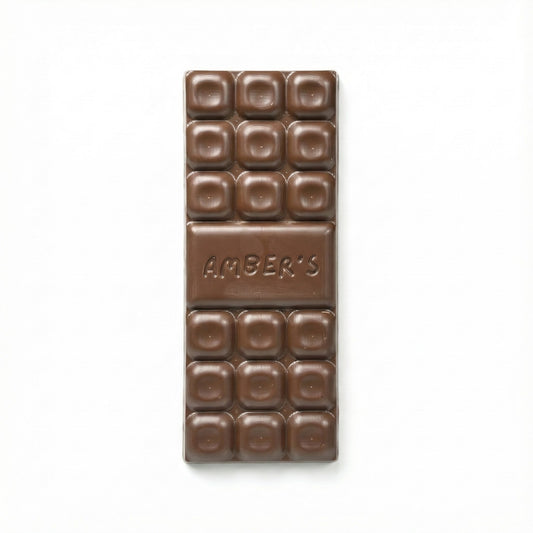 Chocolate bar with 'Amber's' branding on a white background