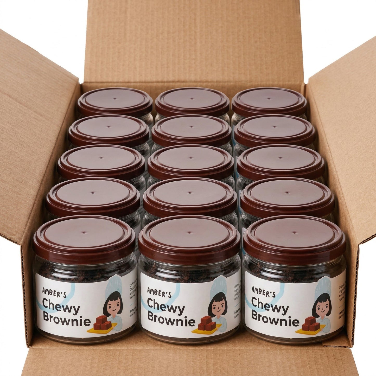 Box of jars labeled 'Amber's Chewy Brownie' with brown lids.