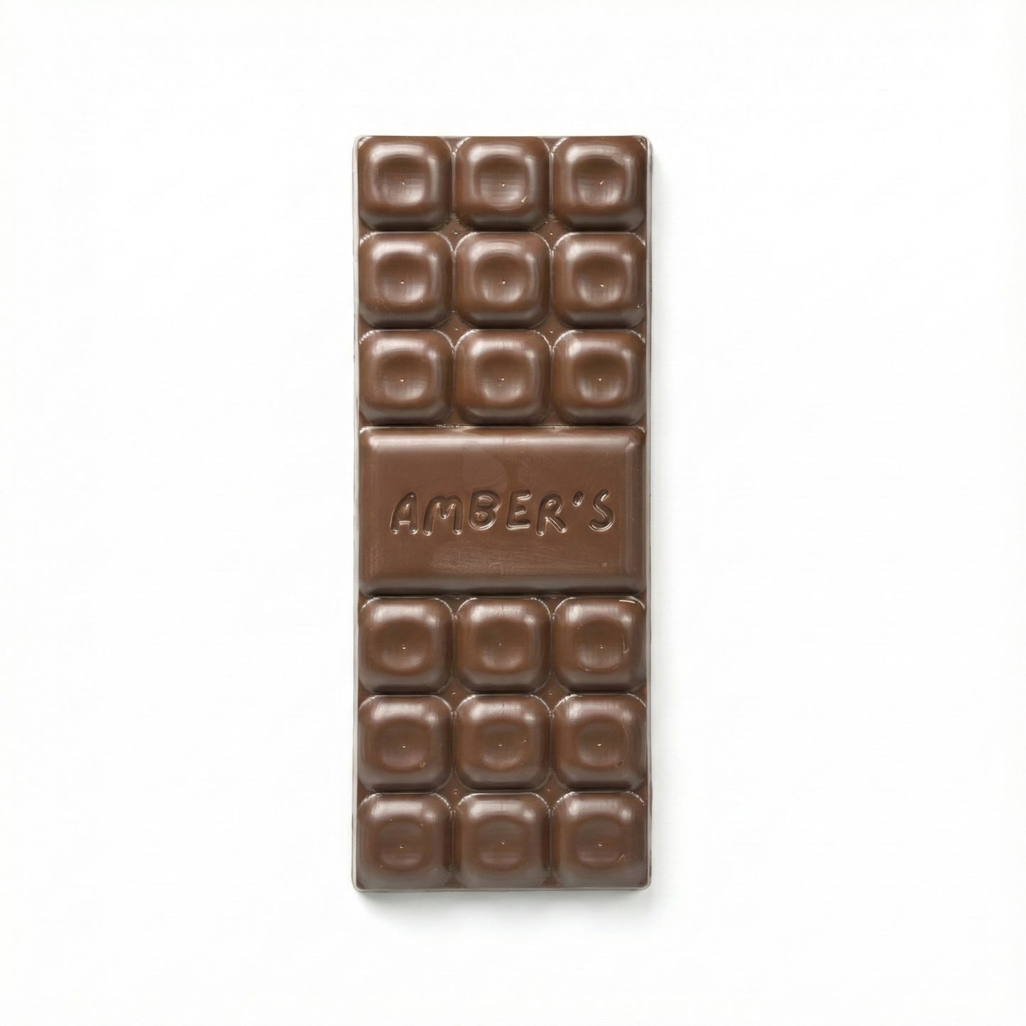 Chocolate bar with 'Amber's' branding on a white background