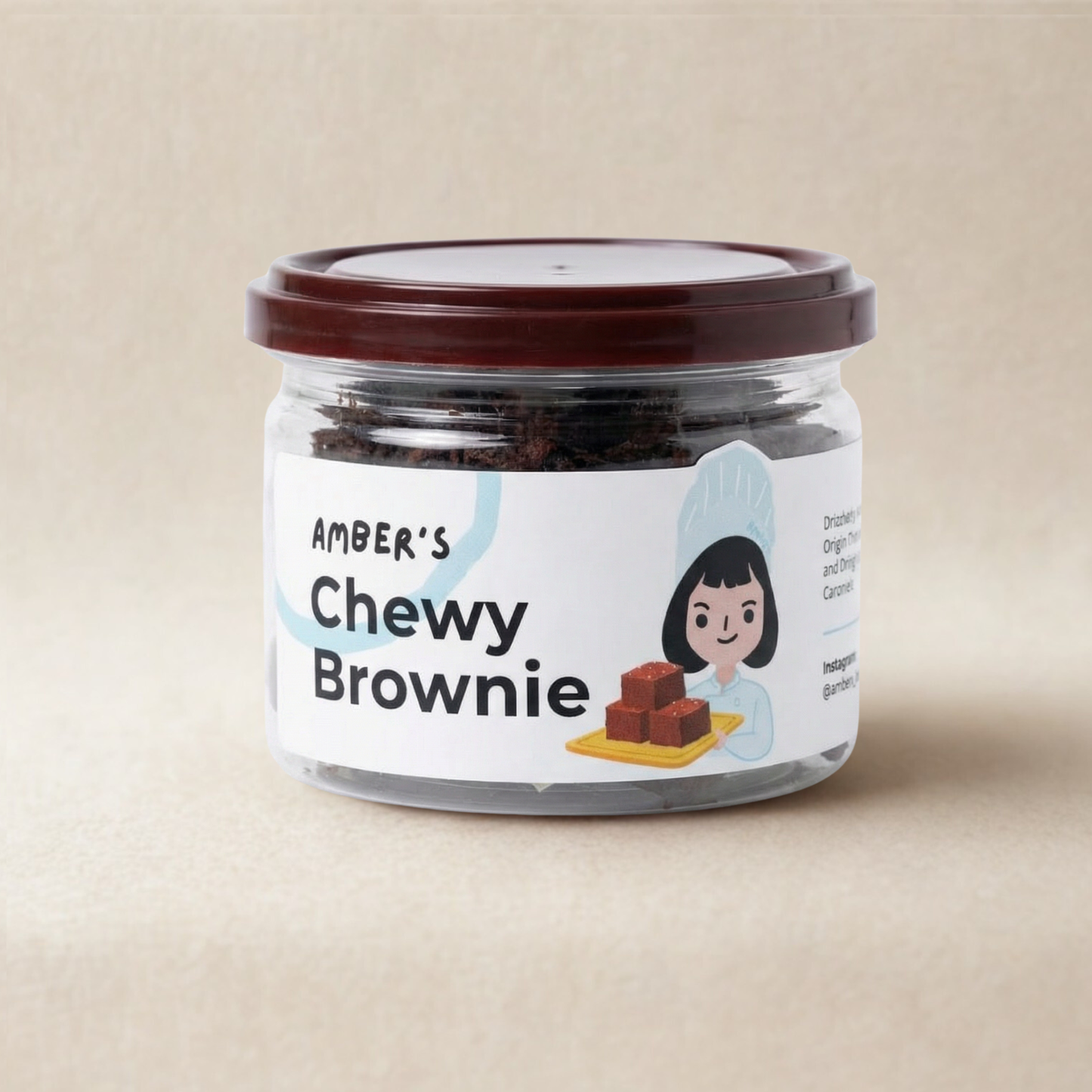 Jar of 'Amber's Chewy Brownie' on a beige background