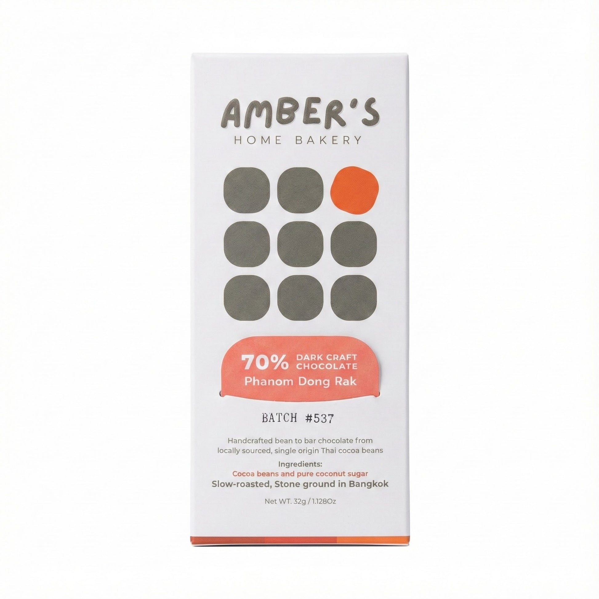 Amber's Home Bakery chocolate bar packaging with text and color design.