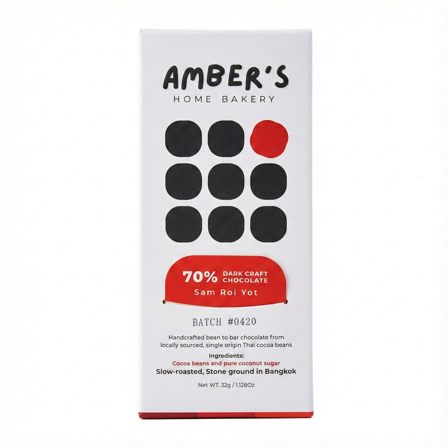 Amber's Home Bakery chocolate packaging with black and red design on a white background