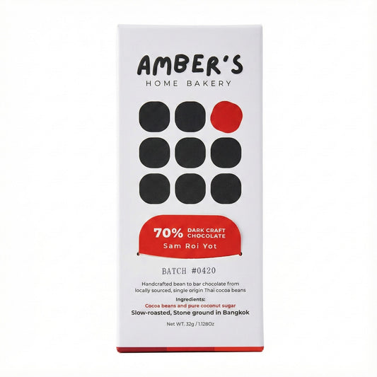 Amber's Home Bakery chocolate packaging with black and red design on a white background